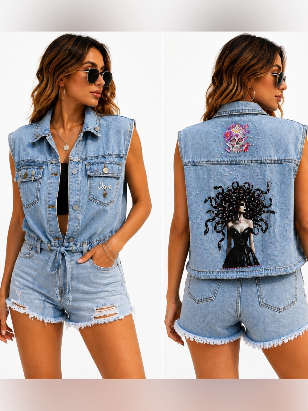 Embellished Light Wash Denim Vest Medusa Rhinestone Graphic, Upcycle Jacket